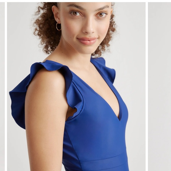 Quince Italian Ruffle Shoulder One-Piece Swimsuit Sz 16 Navy NEW - Picture 2 of 5